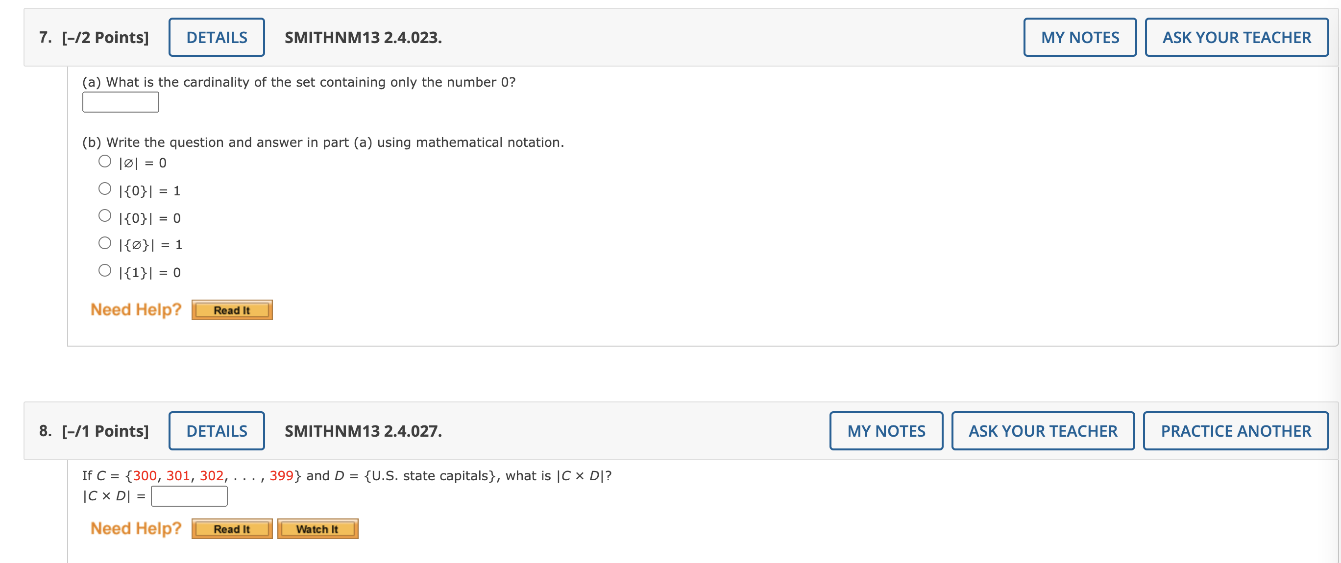 TEACHER PRACTICE ANOTHER Give the cardinality of the set. (If the set
