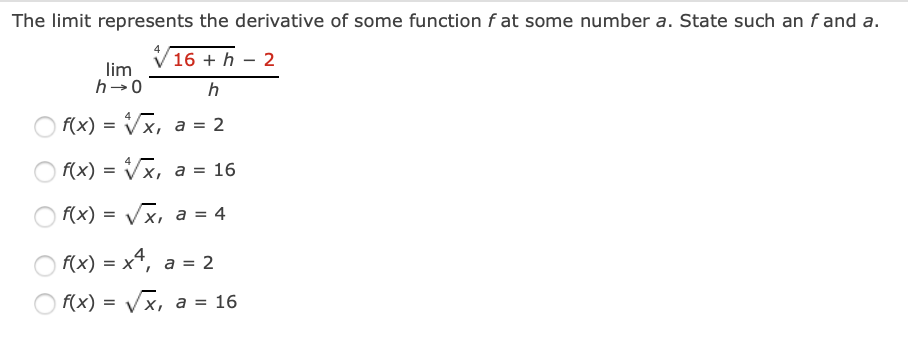  6 Calculus 101 Questions1. The limit represents the derivative of some