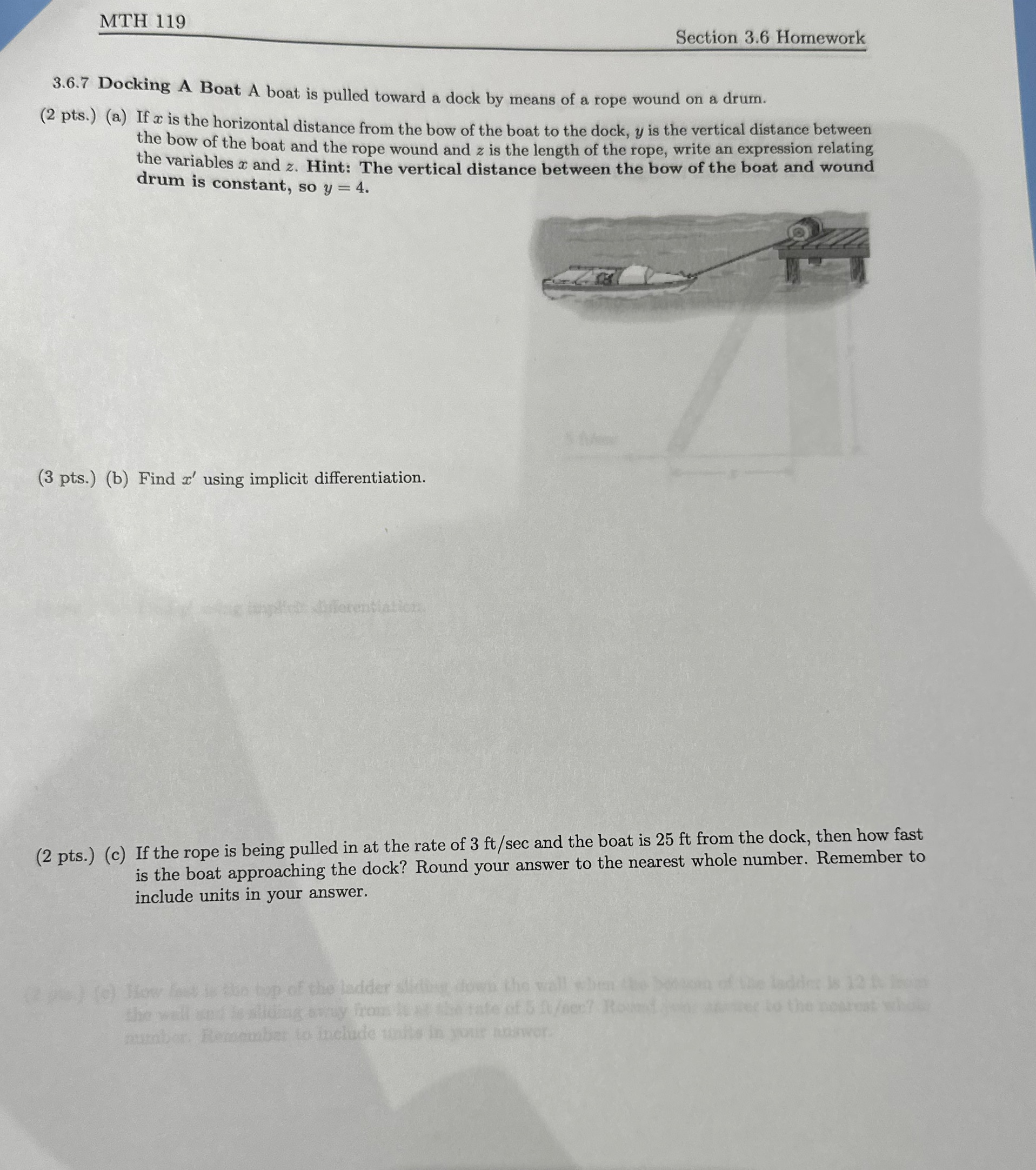 MTH 119 Section 3.6 Homework 3.6.7 Docking A Boat A boat