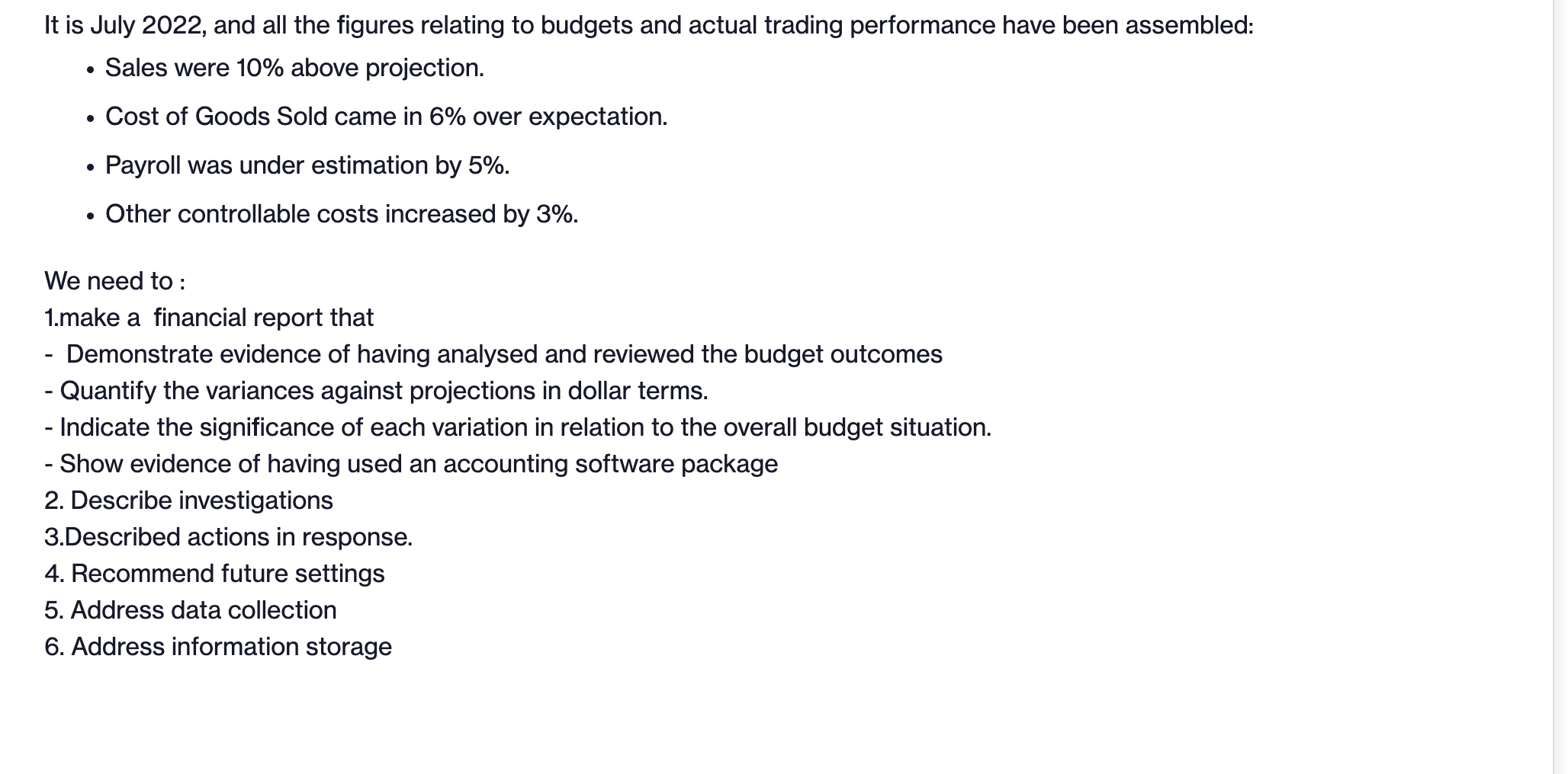 and actual trading performance have been assembled: Sales were 10% above projection.