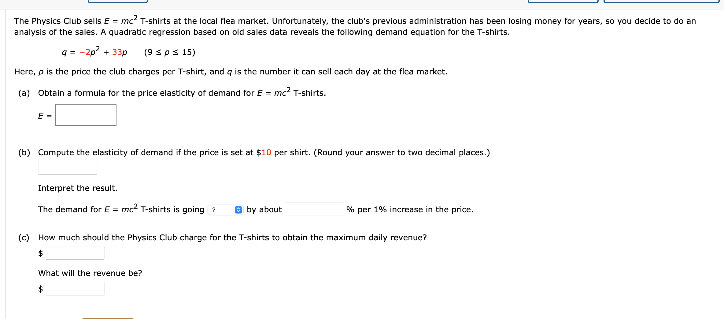 The consumer demand curve for Professor Stefan Schwarzenegger's dumbbells is given by