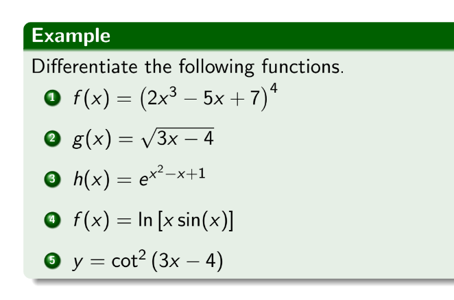 Solve for the following with complete solutions: Example Differentiate the following