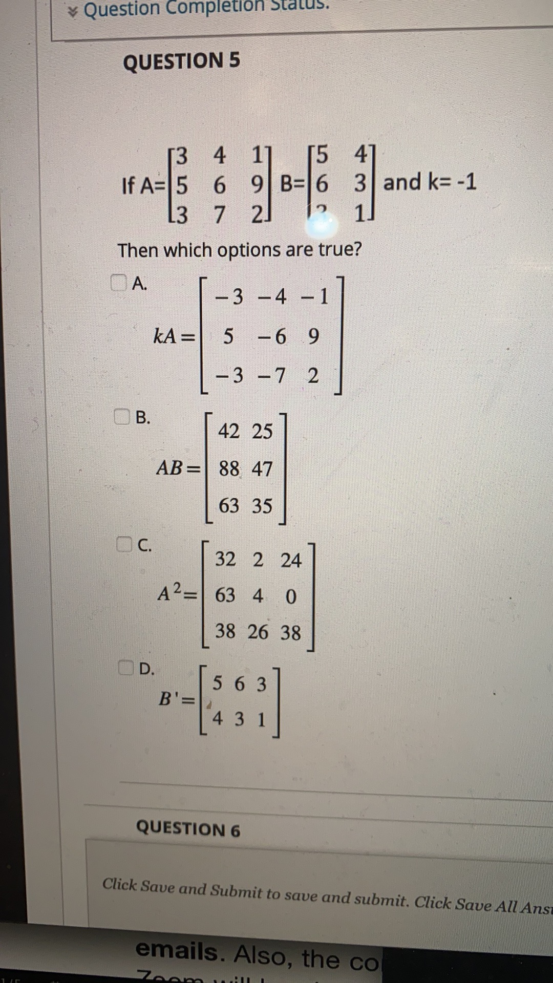  Question Completion Status. QUESTION 5 4 If A=15 6 w 7