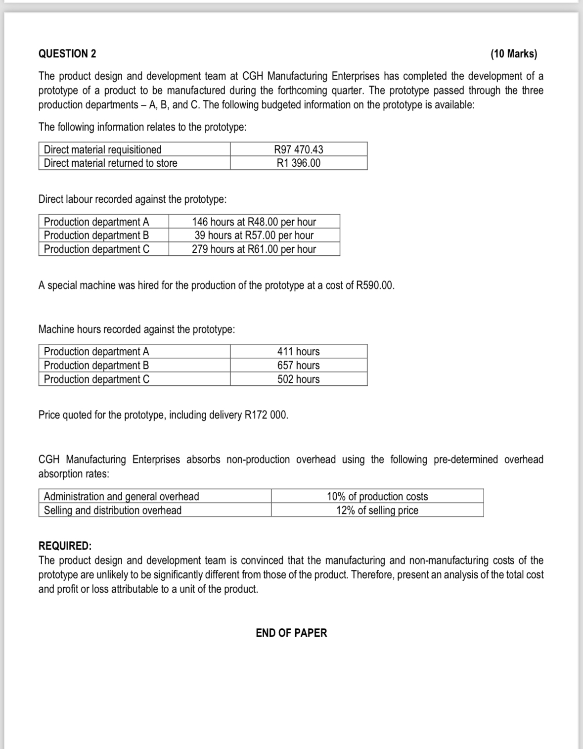  QUESTION 2 The product design and development team at CGH Manufacturing