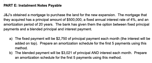 a) Blended paymentPART E: Instalment Notes Payable J&J's obtained a mortgage