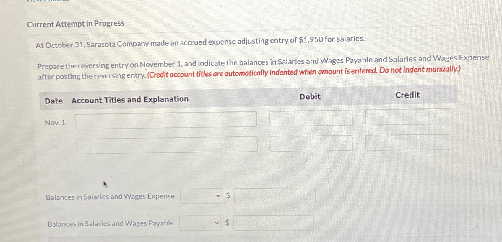 accrued expense adjusting entry of $1,950 for salaries. Prepare the reversing entry