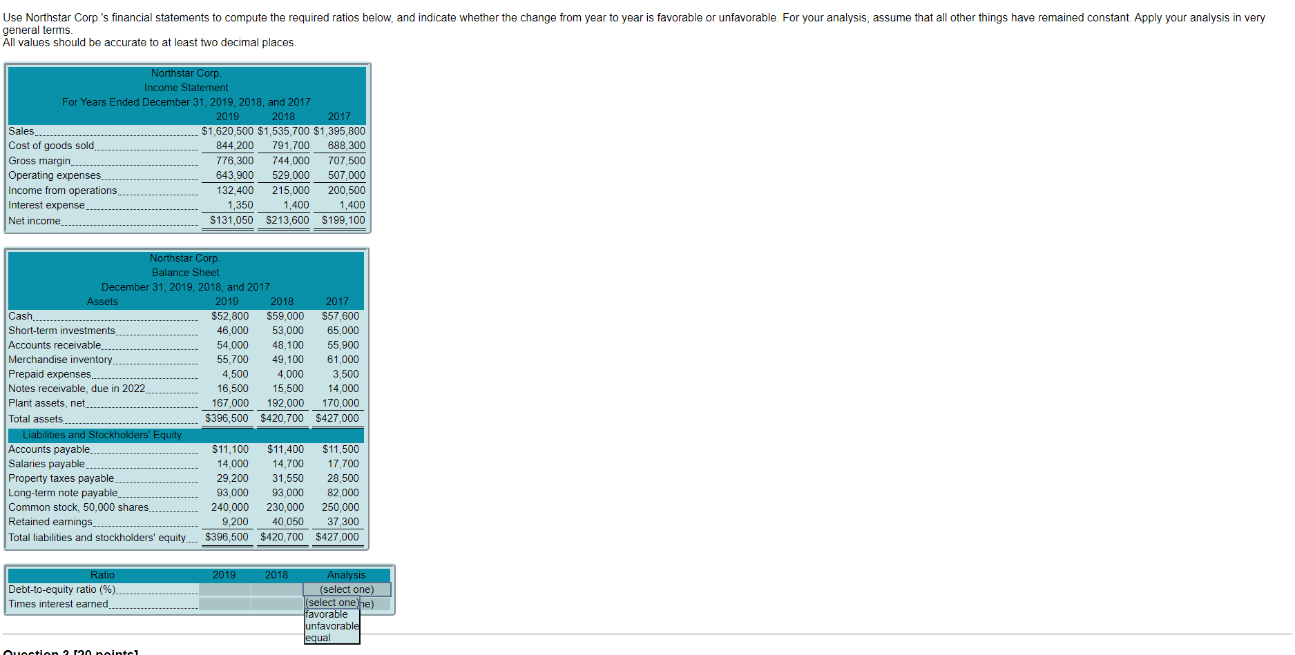 Use Northstar Corp.'s financial statements to compute the required ratios below, and