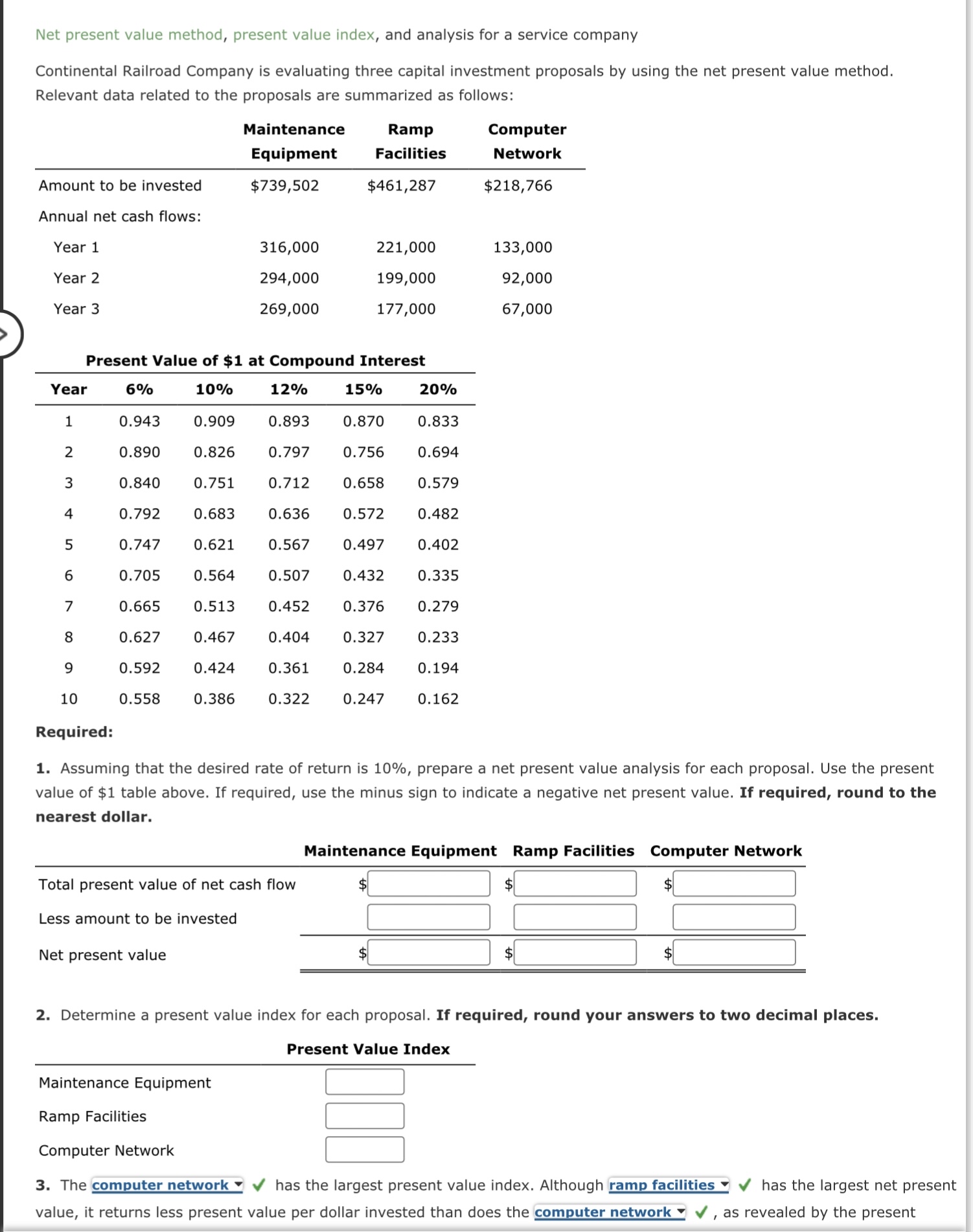 Net present value method, present value index, and analysis for a