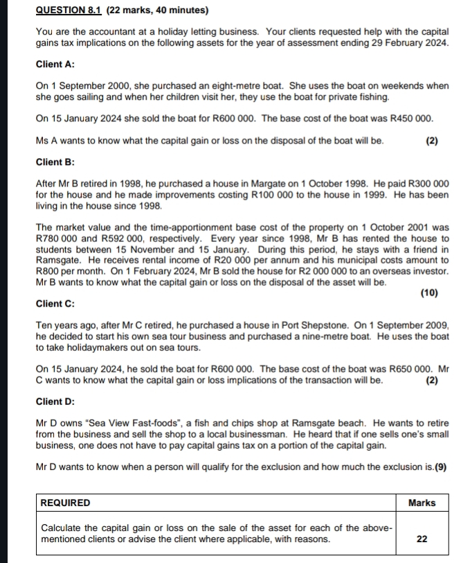  QUESTION 8.1(22 marks, 40 minutes) You are the accountant at a