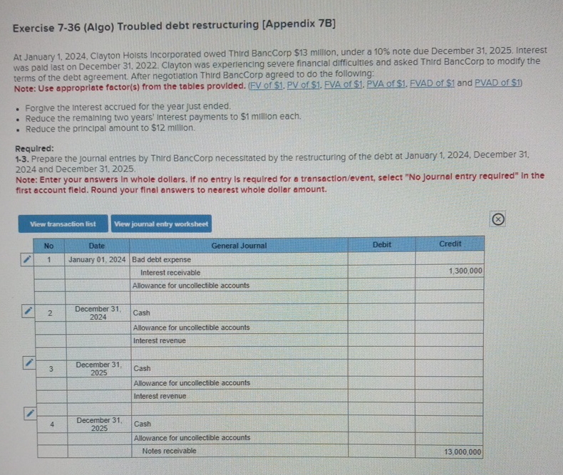  Exercise 7-36(Algo) Troubled debt restructuring [Appendix 7B] At January 1,2024, Clayton