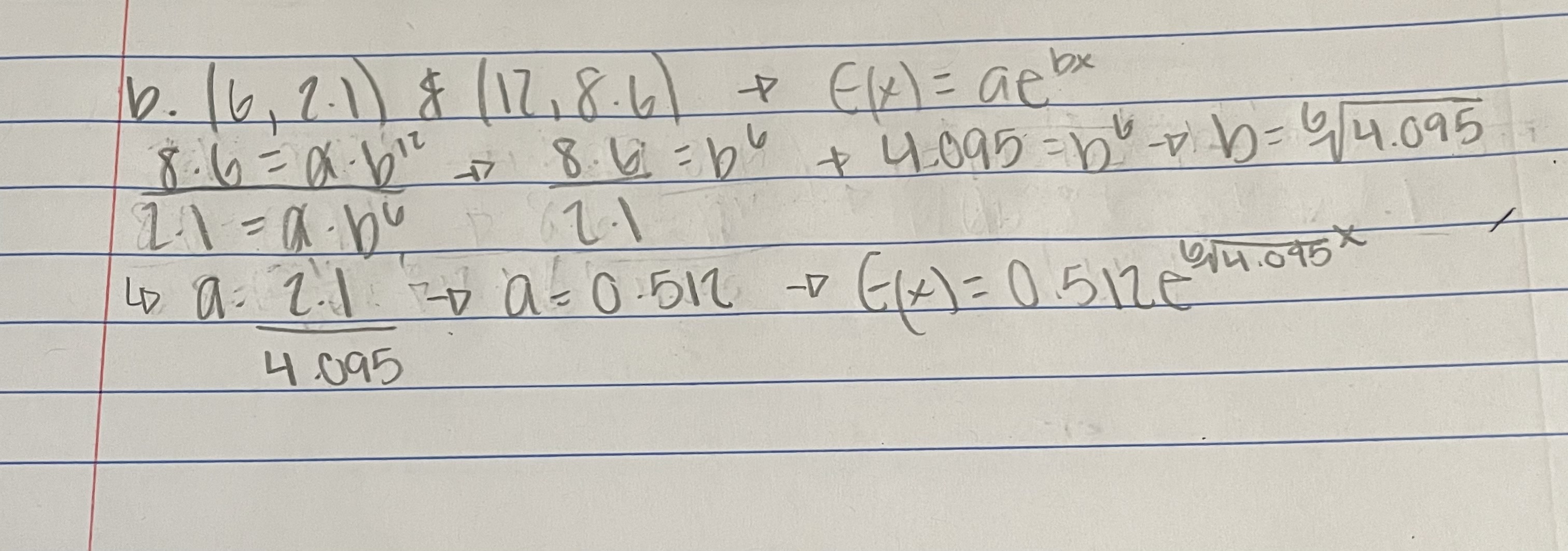 the pairs (6, 2.1) and (12, 8.6) to write the equation E(x)