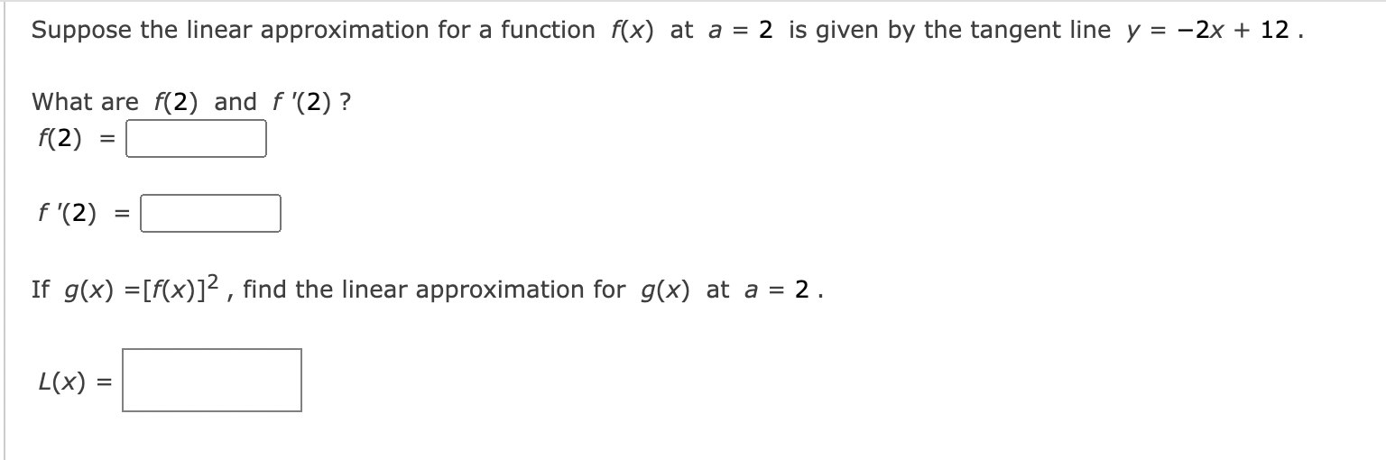 Suppose the linear approximation for a function f(x) at a =