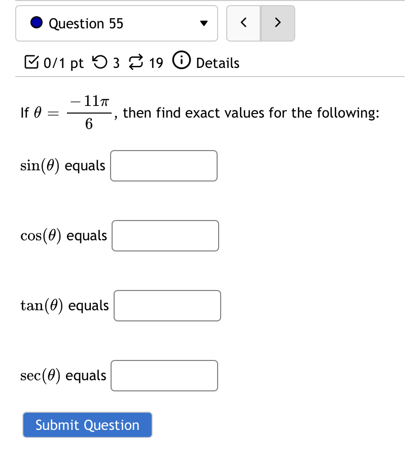 tan (0) equals sec (0) equals Submit Question0 Question 38 v 80/1