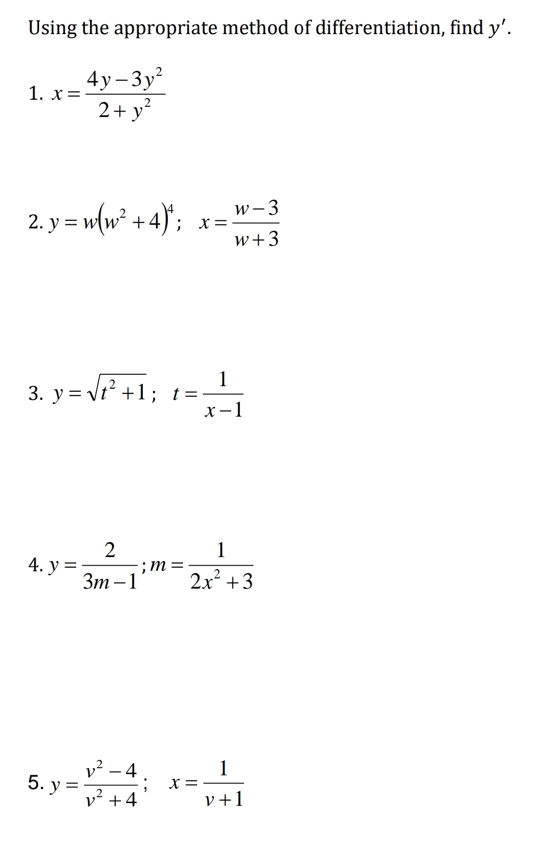 4y - 3y2 2+y 2. y = ww-+4); x= w - 3