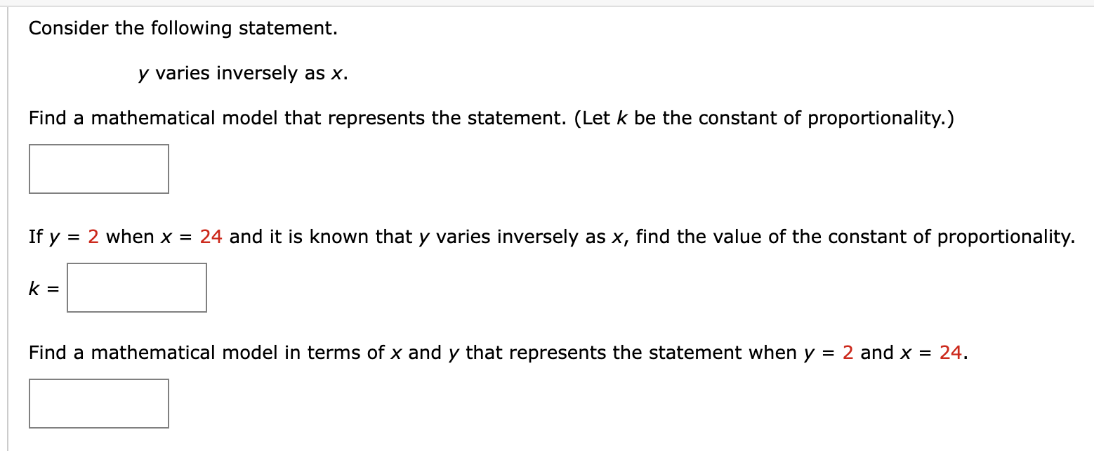 y is directly proportional to x. Find a mathematical model that represents
