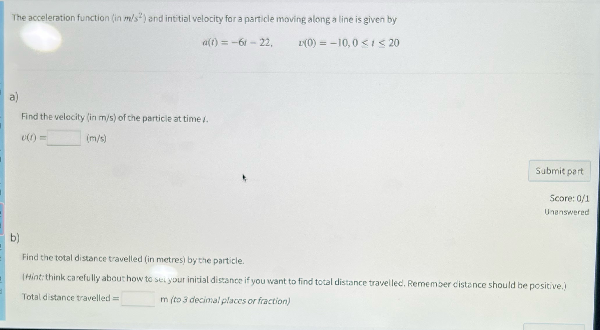 moving along a line is given by a(1) = -61 - 22,