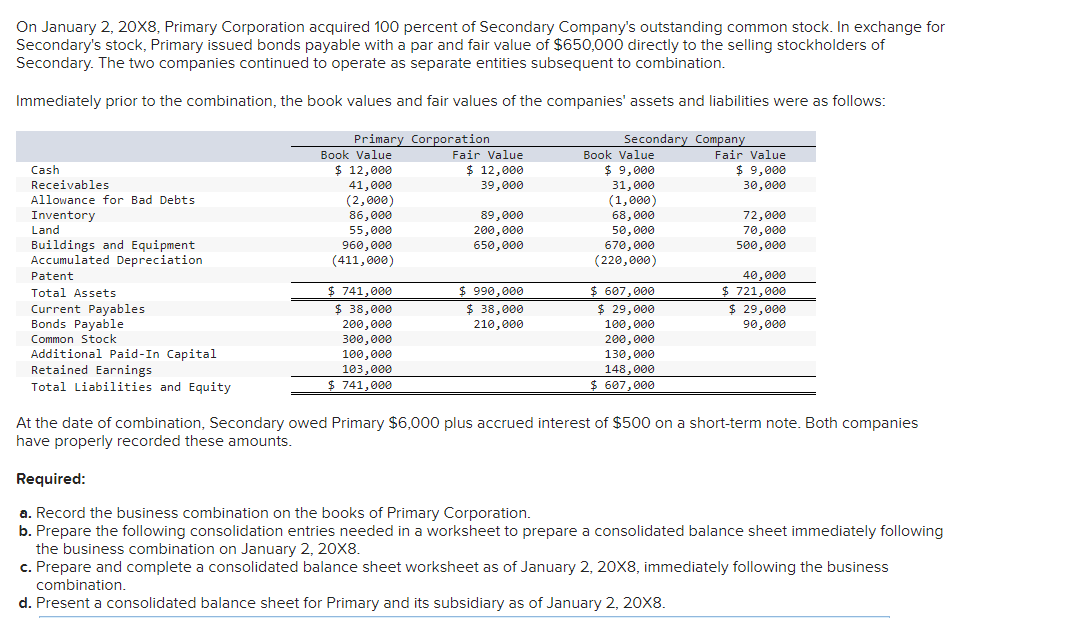 outstanding common stock. In exchange for Secondary's stock, Primary issued bonds payable