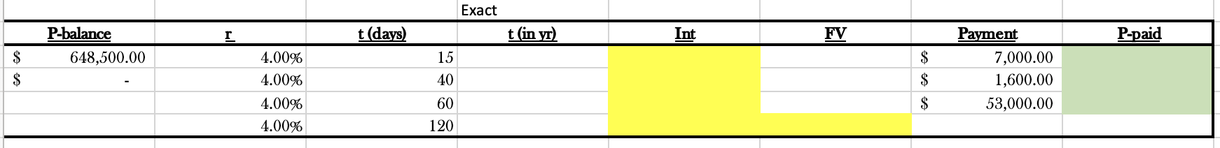 P-paid\table[[Exact],[,balance,r__,t (days),t_(in yr),Int,FV,,ment,P-paid],[$,648,500.00,4.00%,15,,,,$,7,000.00,],[$,-,4.00%,40,,,,$,1,600.00,],[,4.00%,60,,,,$,53,000.00,],[,4.00%,120,,,,,,]] ?$648,500.004.00%15 ? $7,000.00 ? ?$-4.00%40 ? $1,600.00 ? ?4.00%60