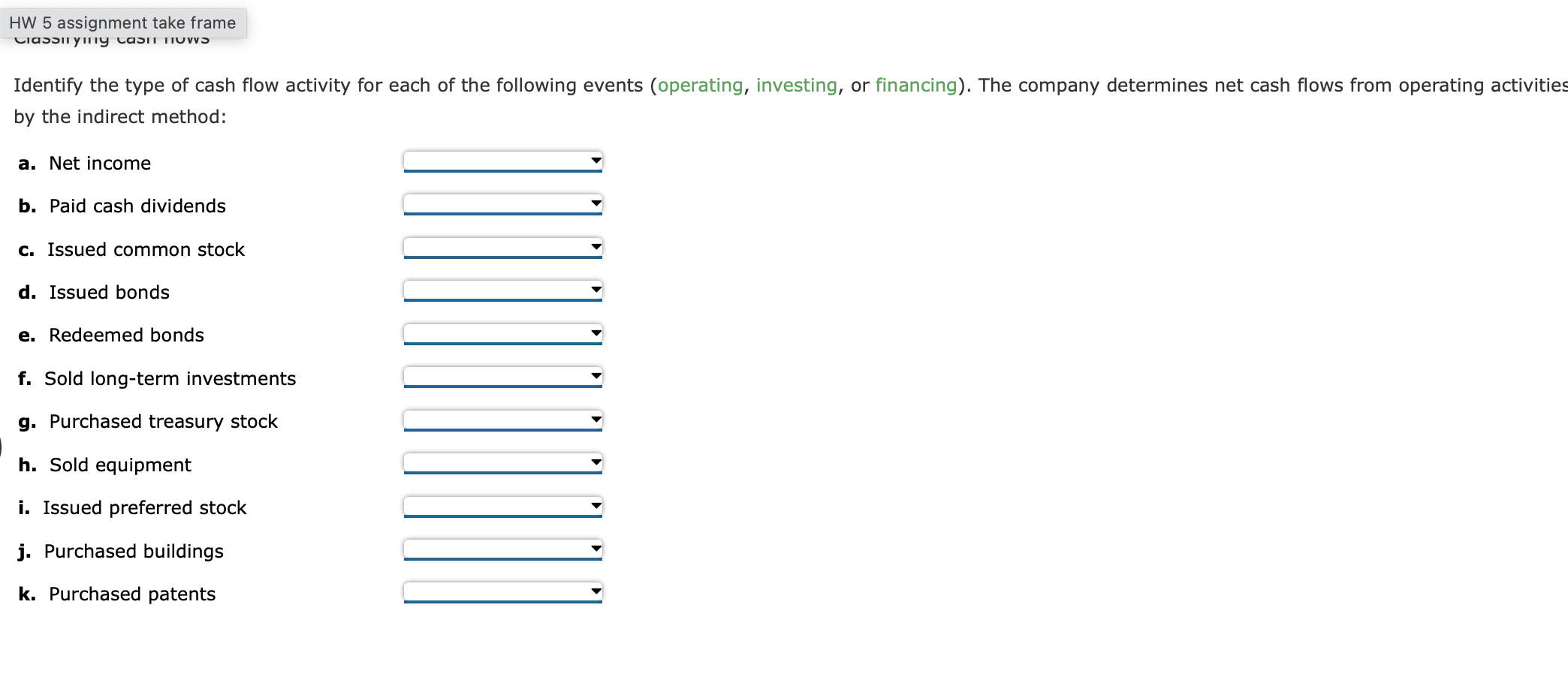 of cash flow activity for each of the following events (operating, investing,