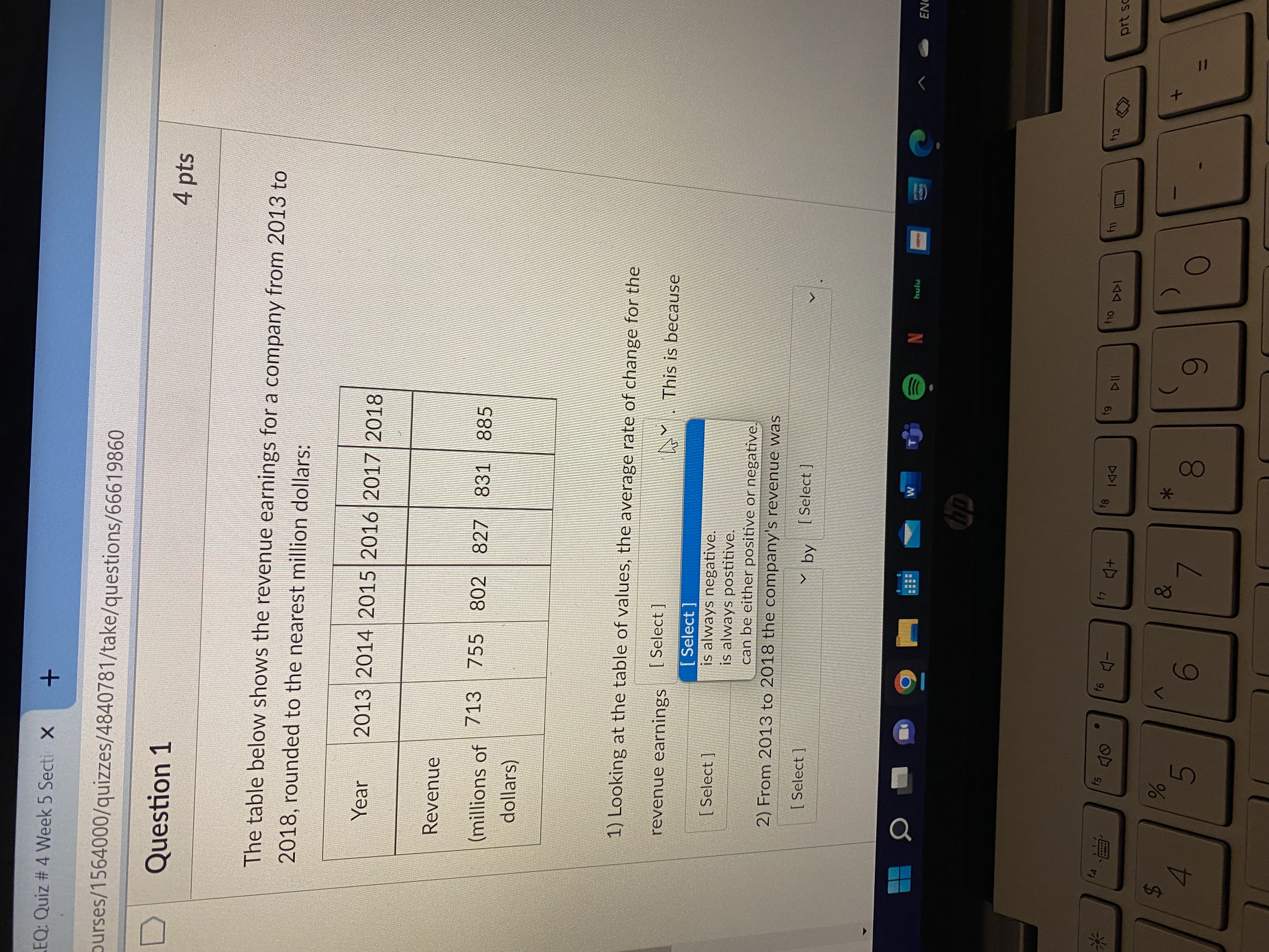 values, the average rate of change for the revenue earnings [ Select