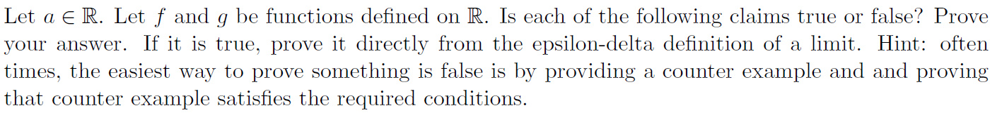  Let a E R. Let f and g be functions defined