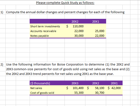 Please complete Quick Study as follows: Compute the annual dollar changes