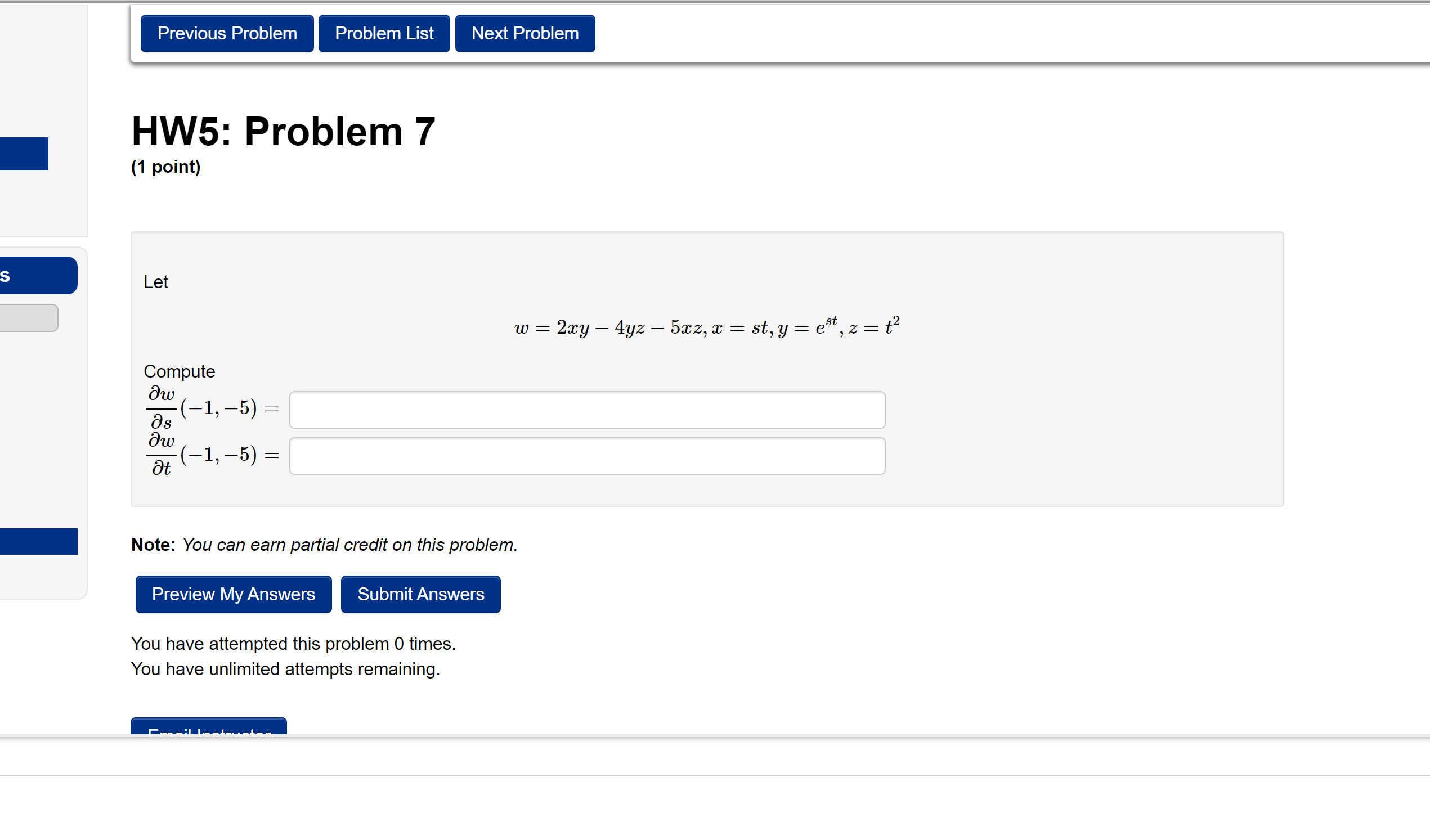  . Previous Problem Problem List Next Problem HW5: Problem 7 (1