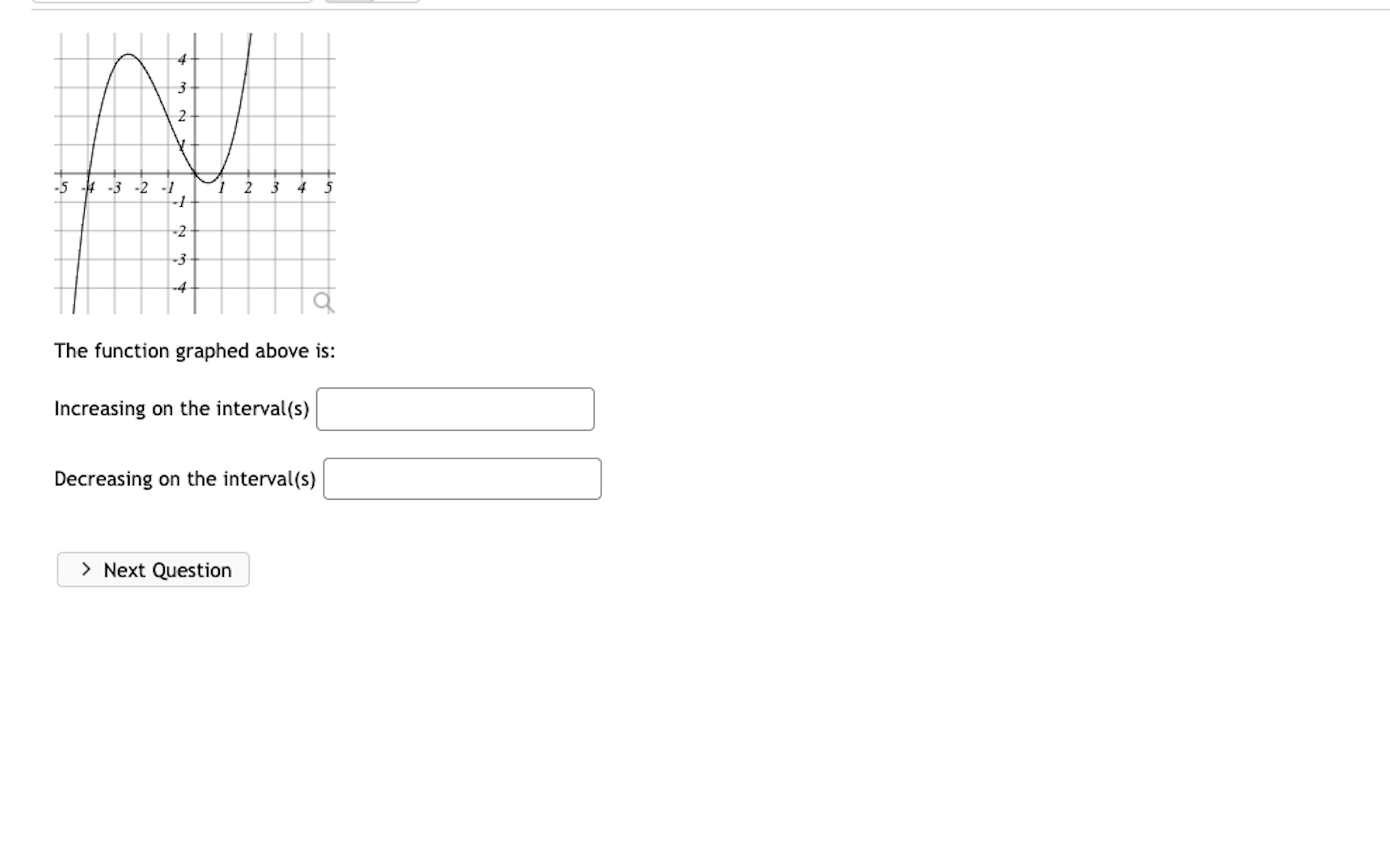  The function graphed above is: Increasing on the interval(s) |:] Decreasing