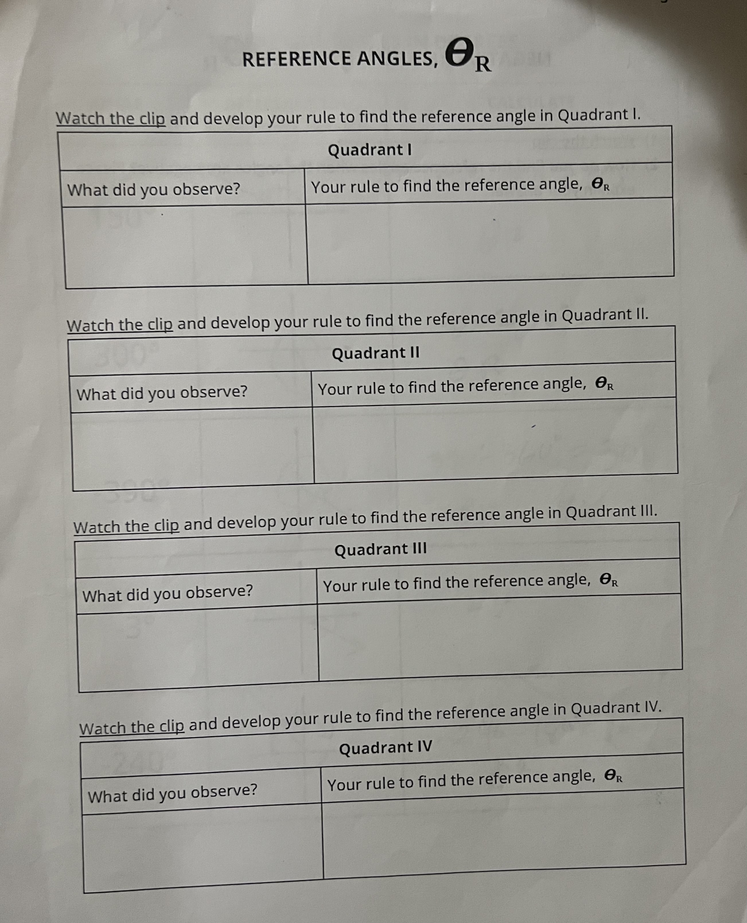 complete the following worksheet REFERENCE ANGLES, OR Watch the clip and