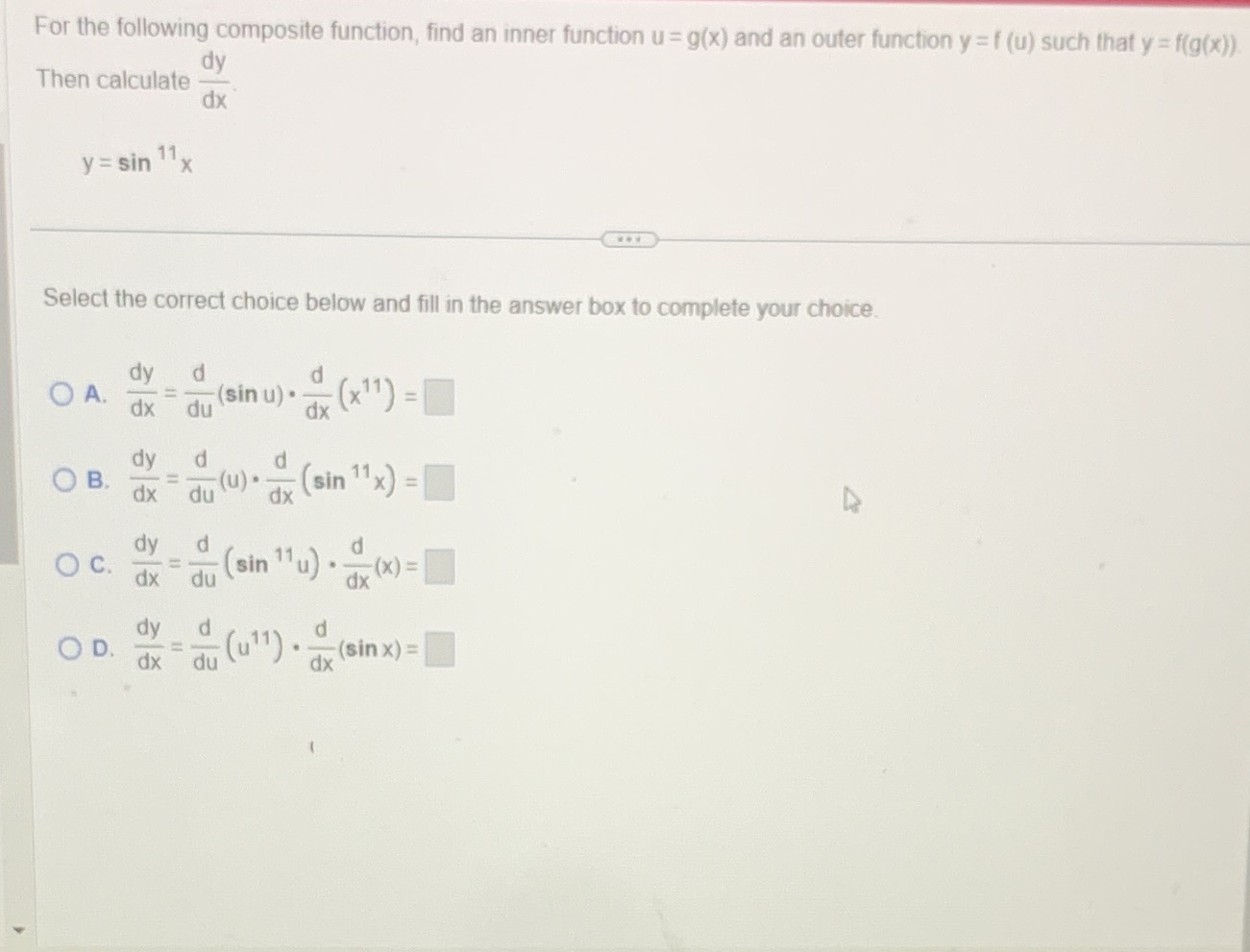  For the following composite function, find an inner function u =