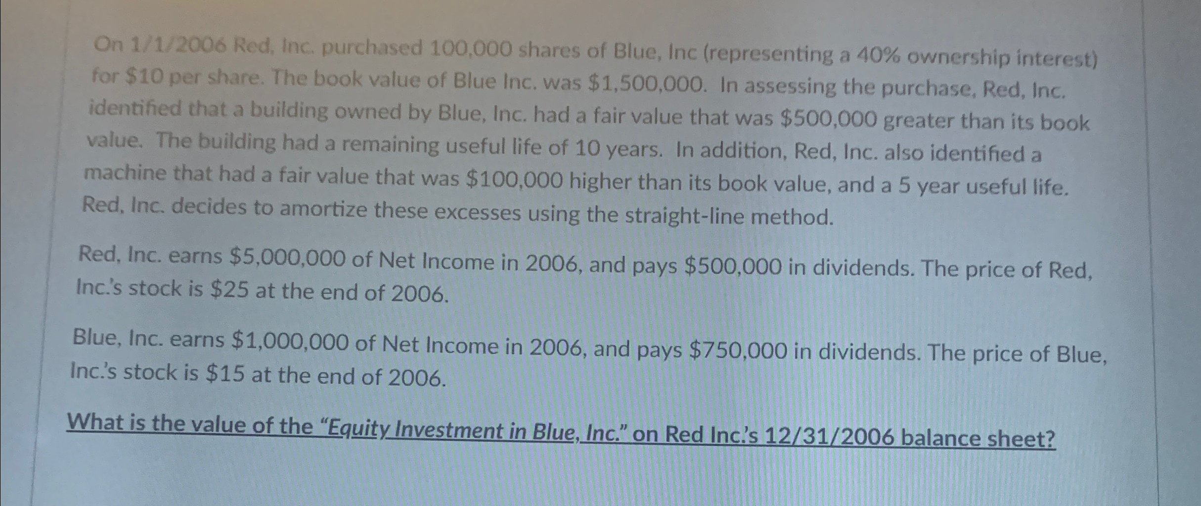 On 1/1/2006 Red, Inc. purchased 100,000 shares of Blue, Inc (representing