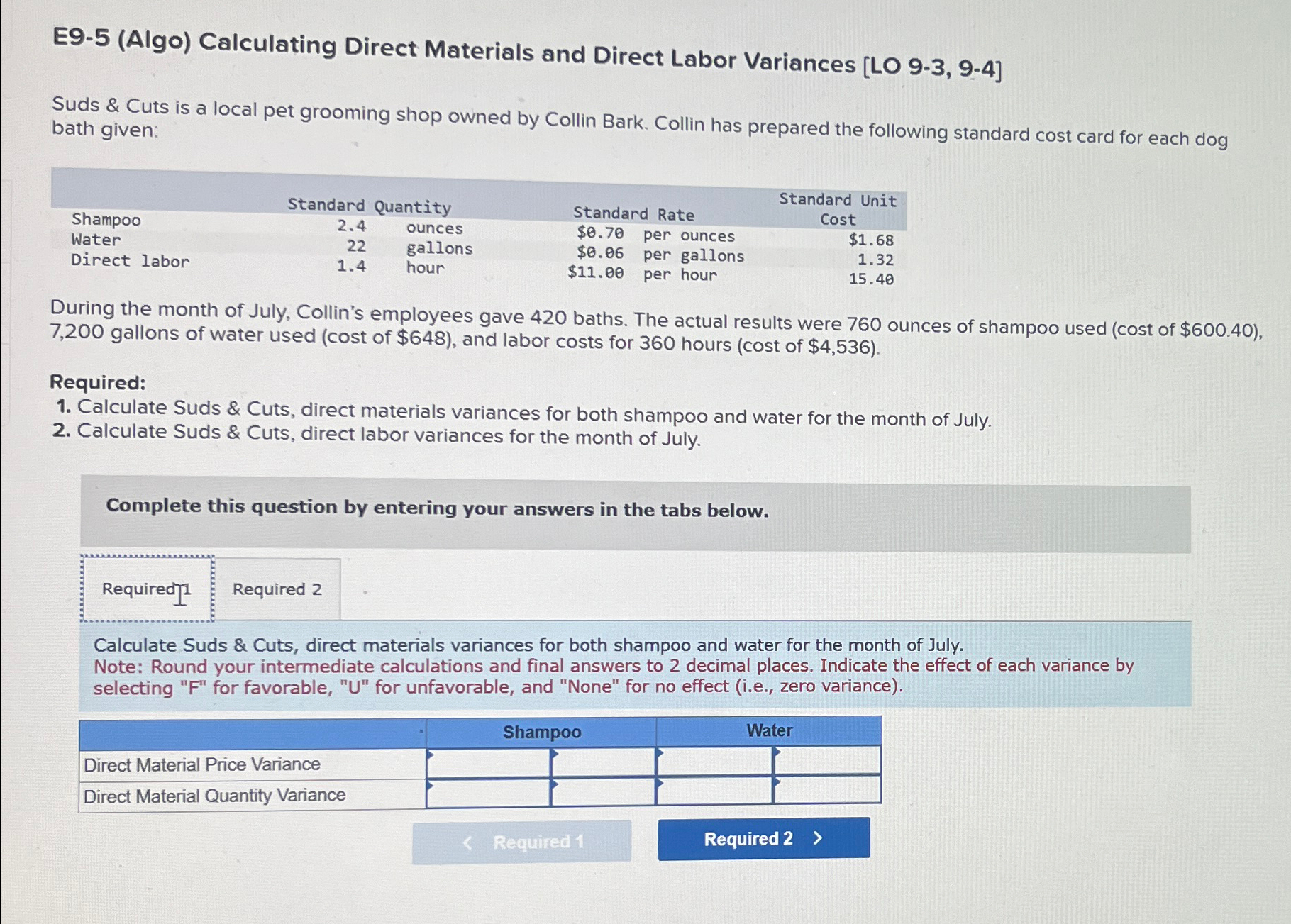  E9-5(Algo) Calculating Direct Materials and Direct Labor Variances [LO 9-3,9-4] Suds