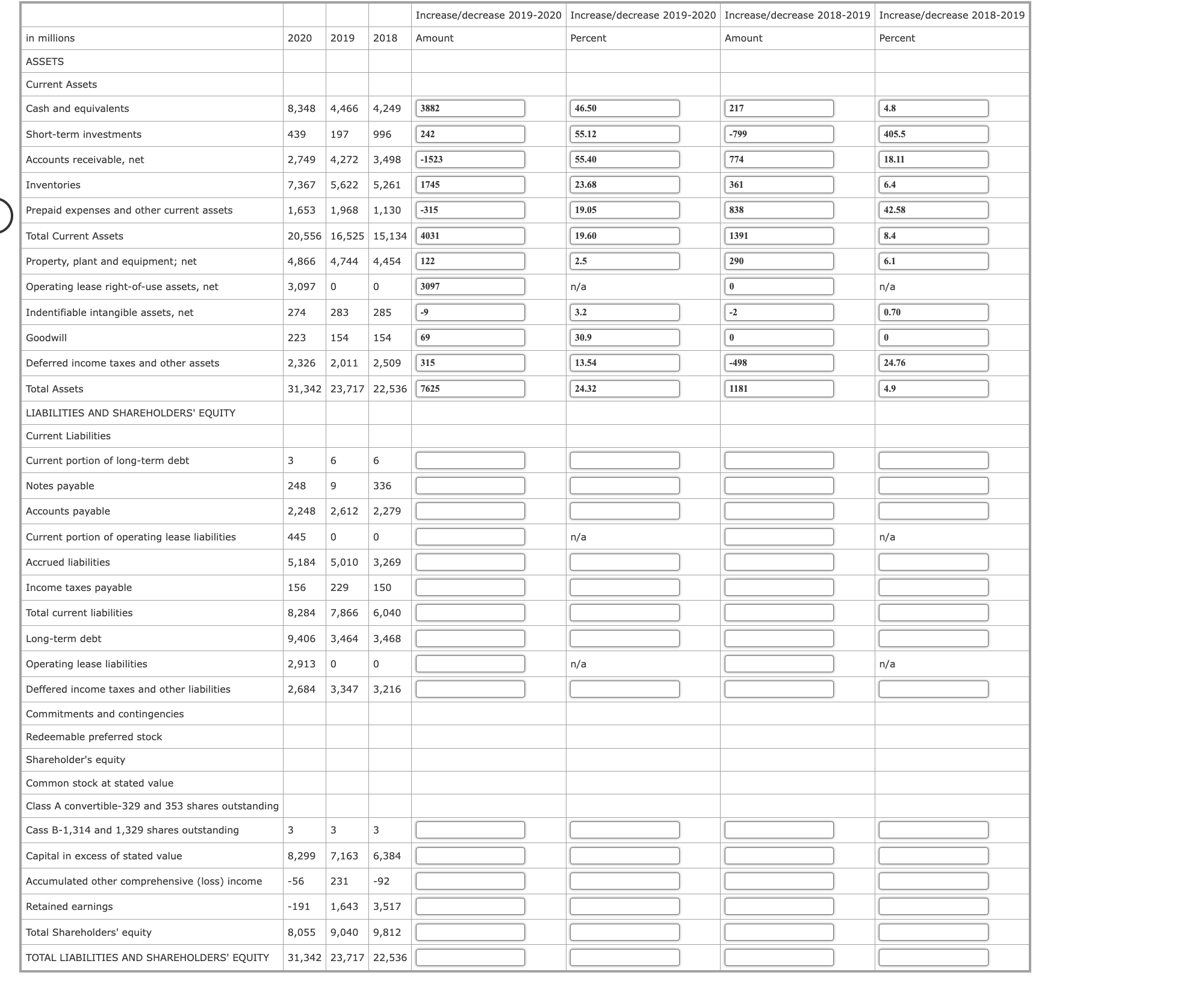  Question Content Area Complete a horizontal analysis using the balance sheet