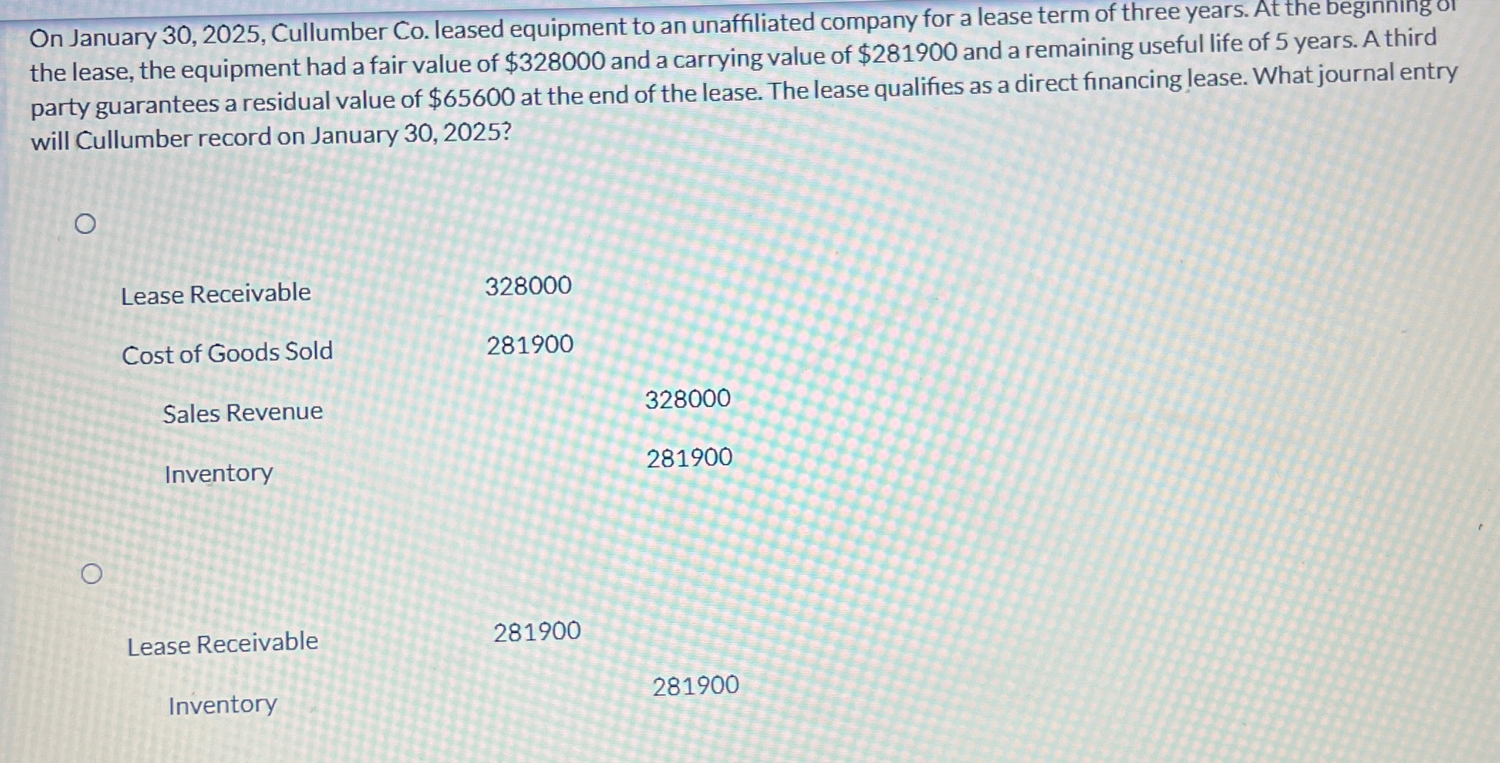 On January 30,2025, Cullumber Co. leased equipment to an unaffiliated company