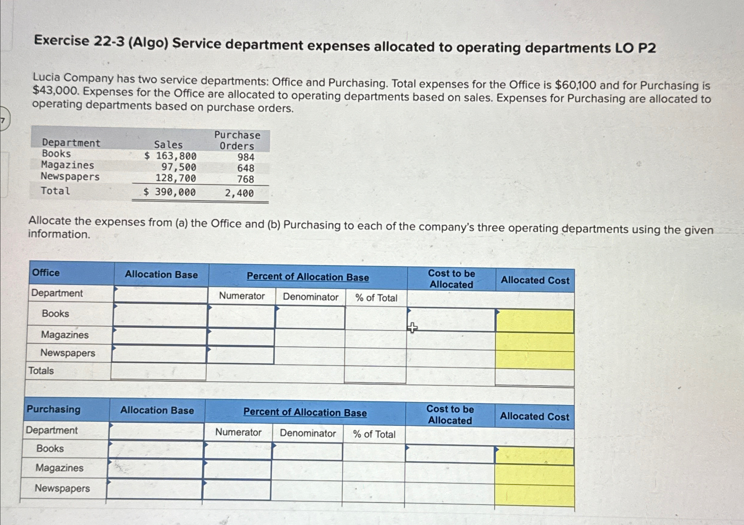 Lucia Company has two service departments: Office and Purchasing. Total expenses for