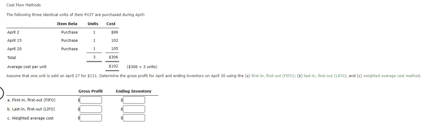 three identical units of Item PX2T are purchased during April: Item Beta