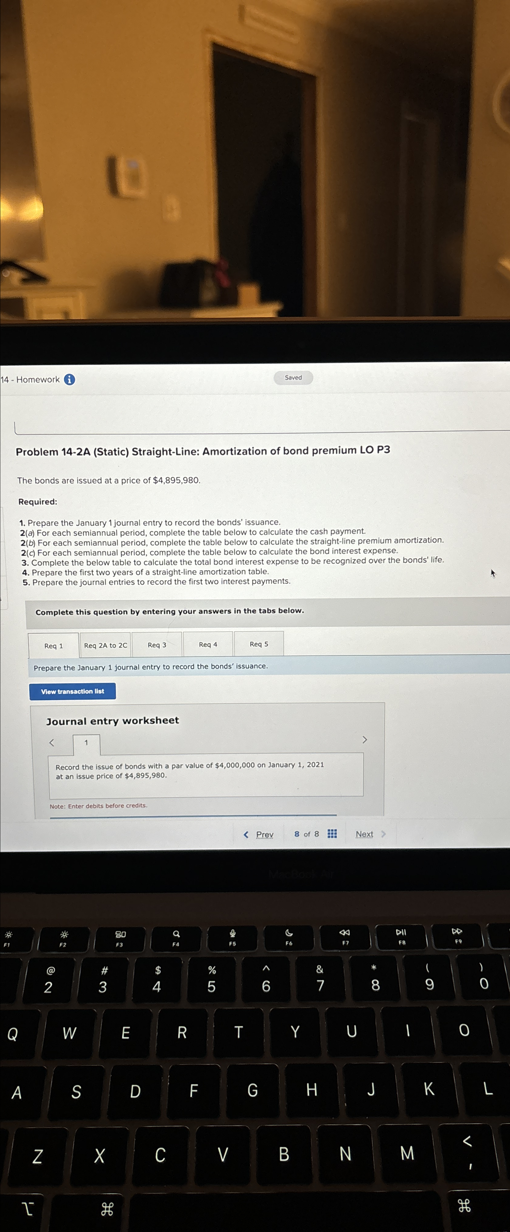 LO P3 The bonds are issued at a price of $4,895,980. Required: