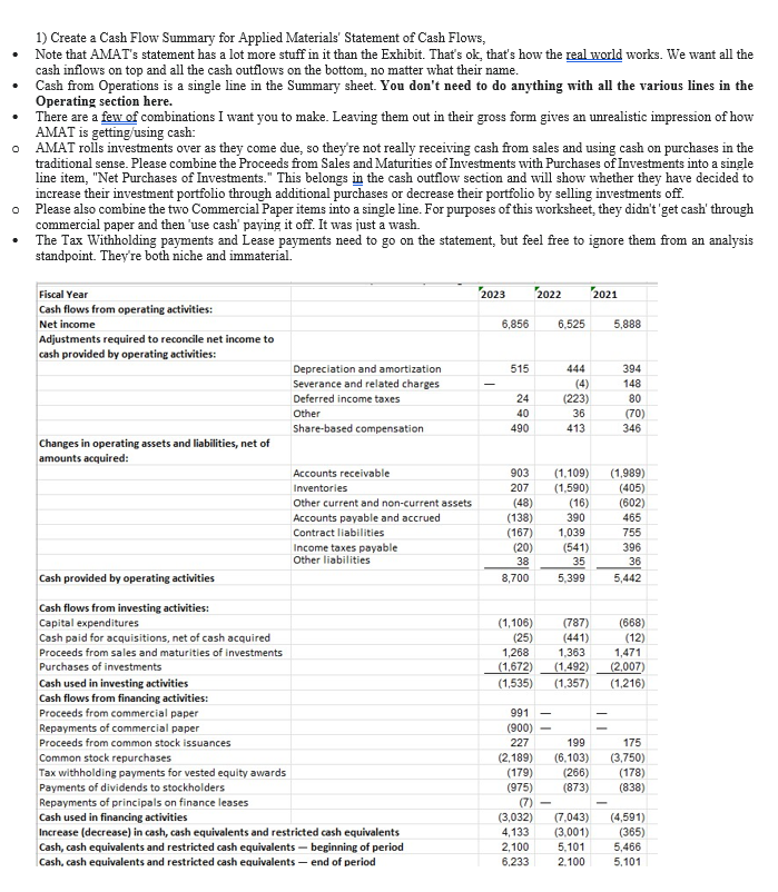  Create a Cash Flow Summary for Applied Materials' Statement of Cash