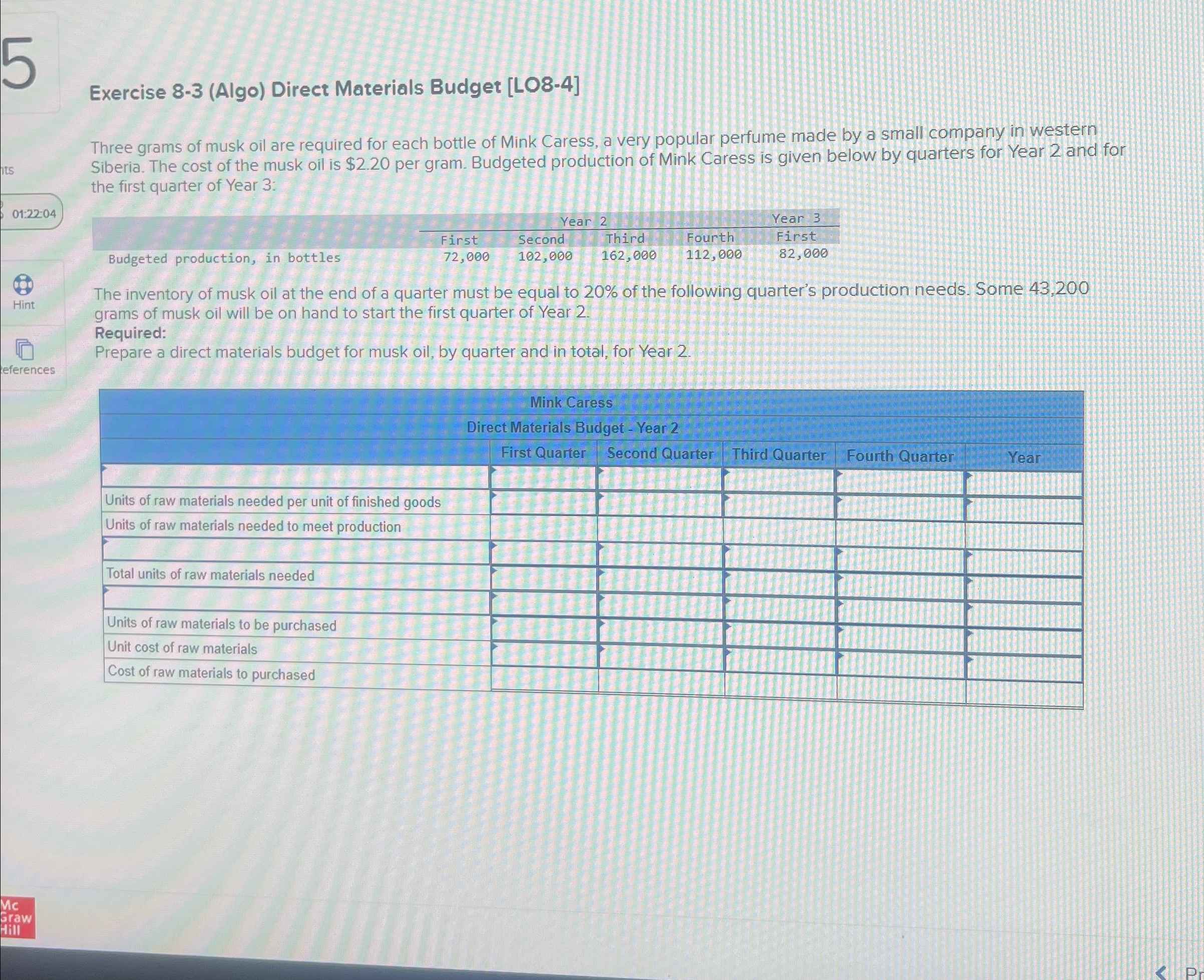  Exercise 8-3(Algo) Direct Materials Budget [L08-4] Three grams of musk oil
