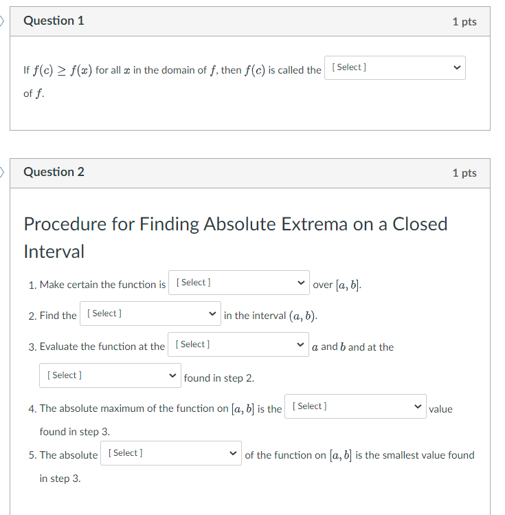 q1 dropdown options: absolute minimum, local minimum, absolute maximum, local maximum,