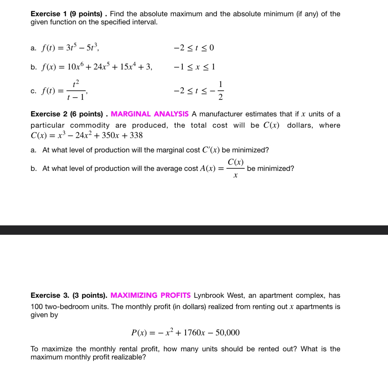Exercise 3 Exercise 1 (9 points) . Find the absolute maximum and