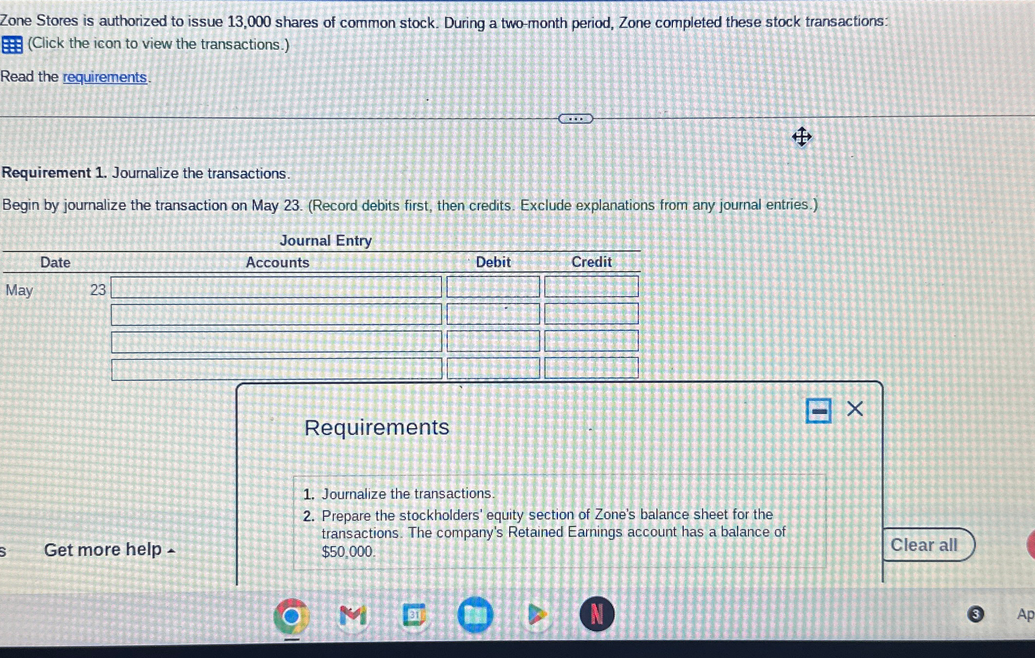 Data table \table[[May,23,Issued 1,500 shares of $3.00 par common stock for