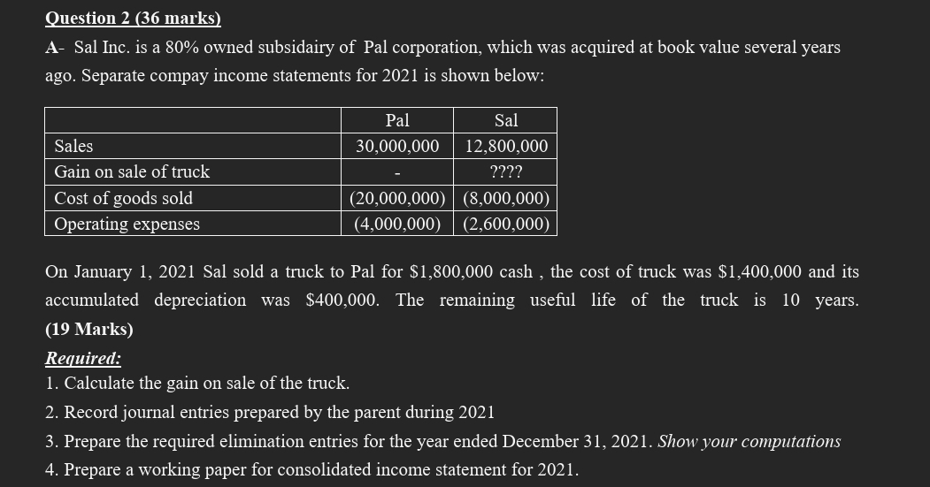  Ouestion 2(36 marks) A- Sal Inc. is a 80% owned subsidairy