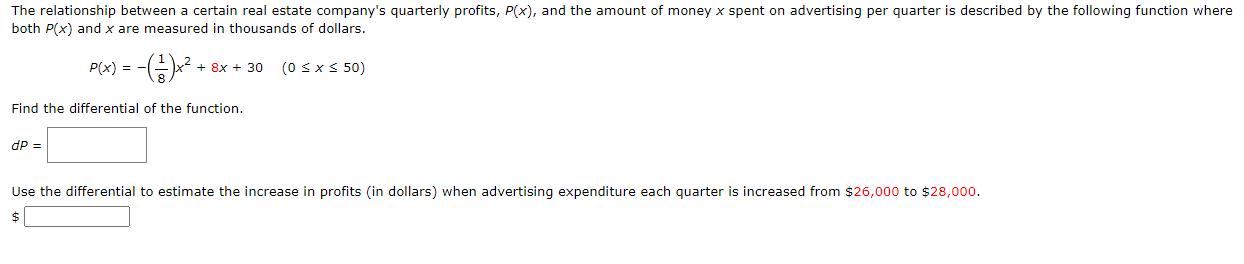 certain real estate company's quarterly profits, P(X], and the amount of money