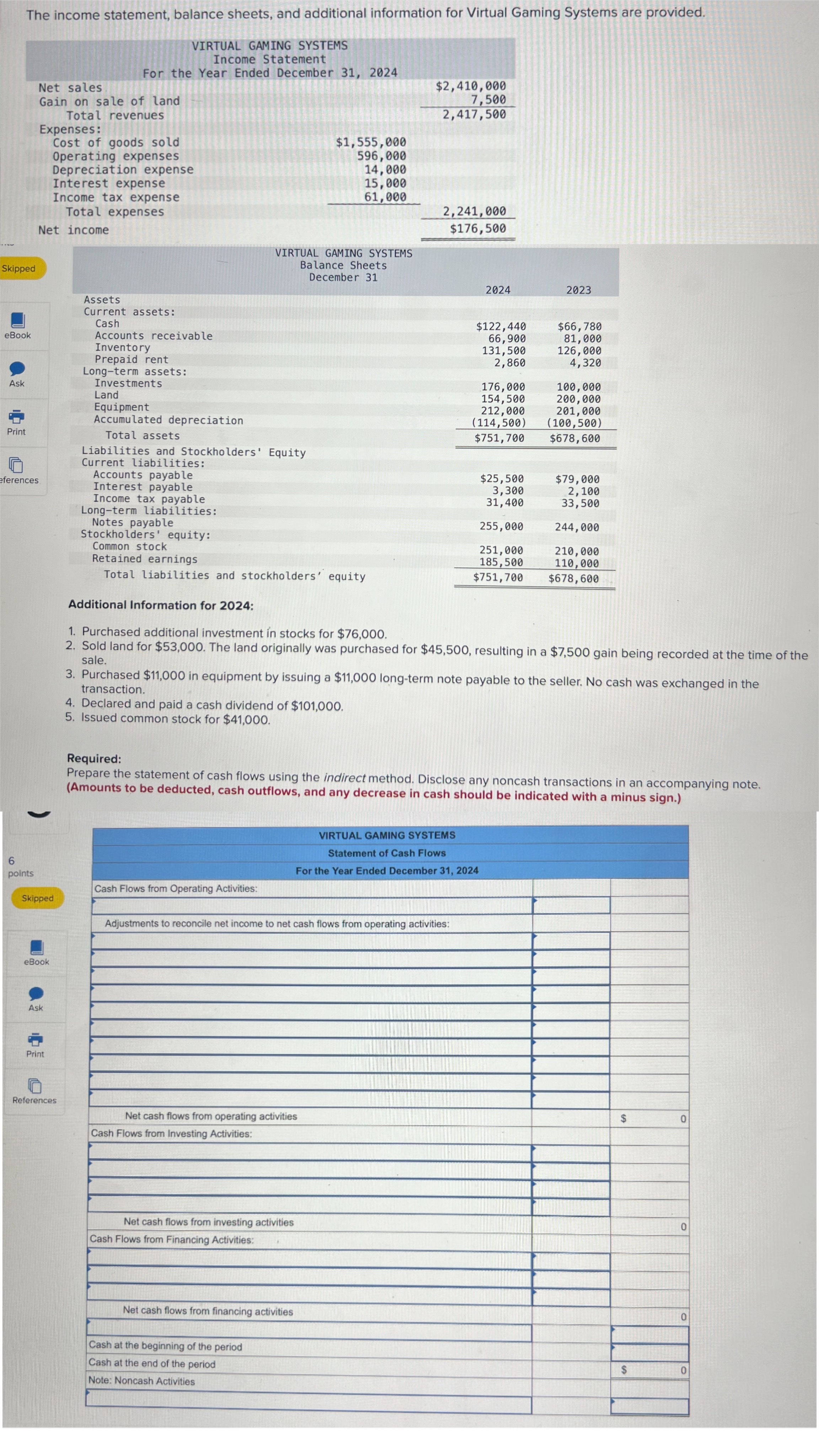  The income statement, balance sheets, and additional information for Virtual Gaming