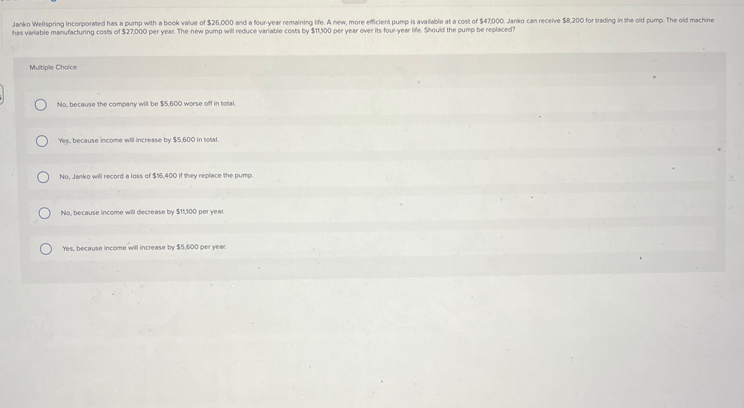  has variable manufacturing costs of $27,000 per year. The new pump