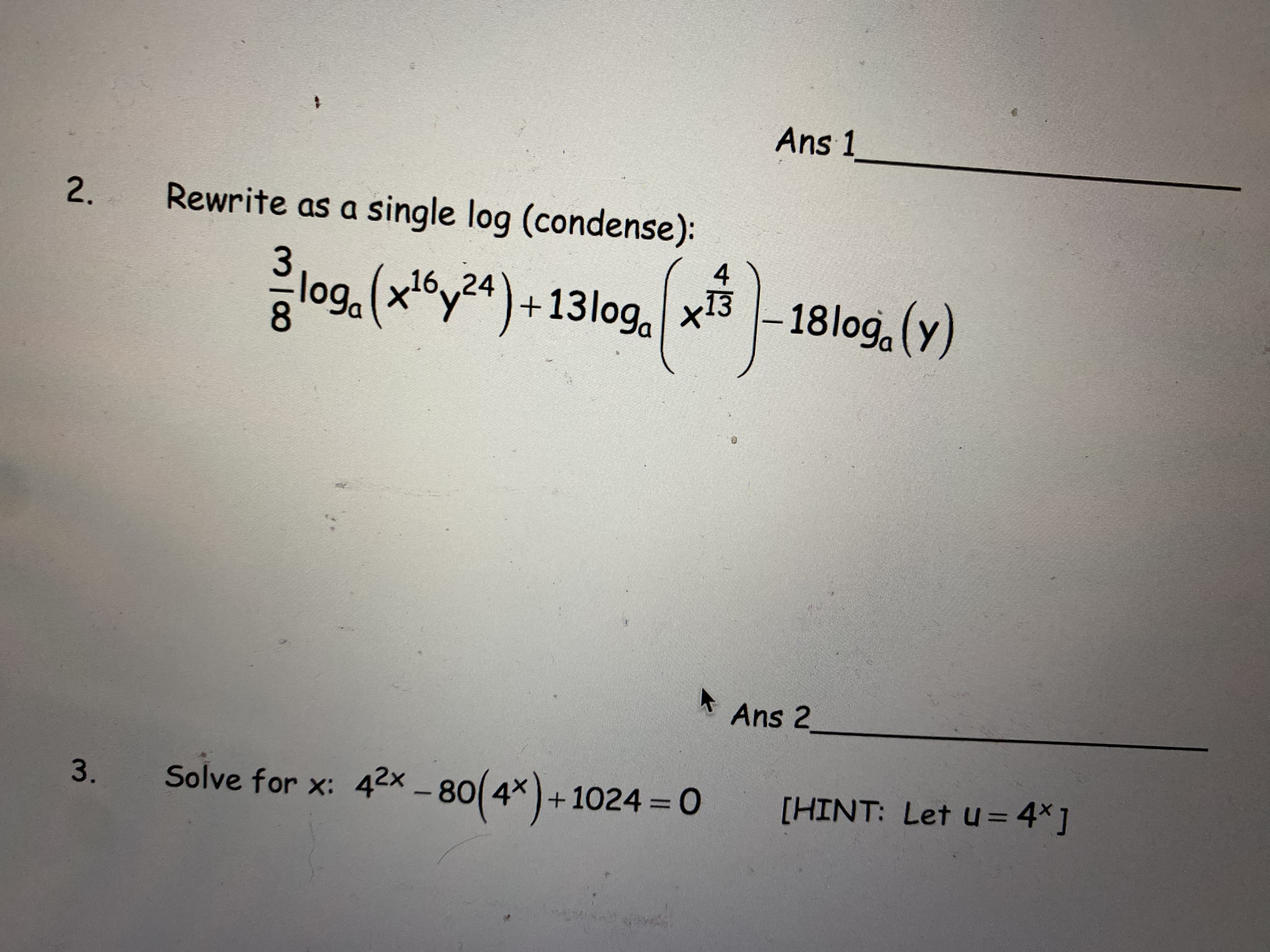 (x1by24)+13/09 / x13 -18loga (y) Ans 2 3. Solve for x: 42x