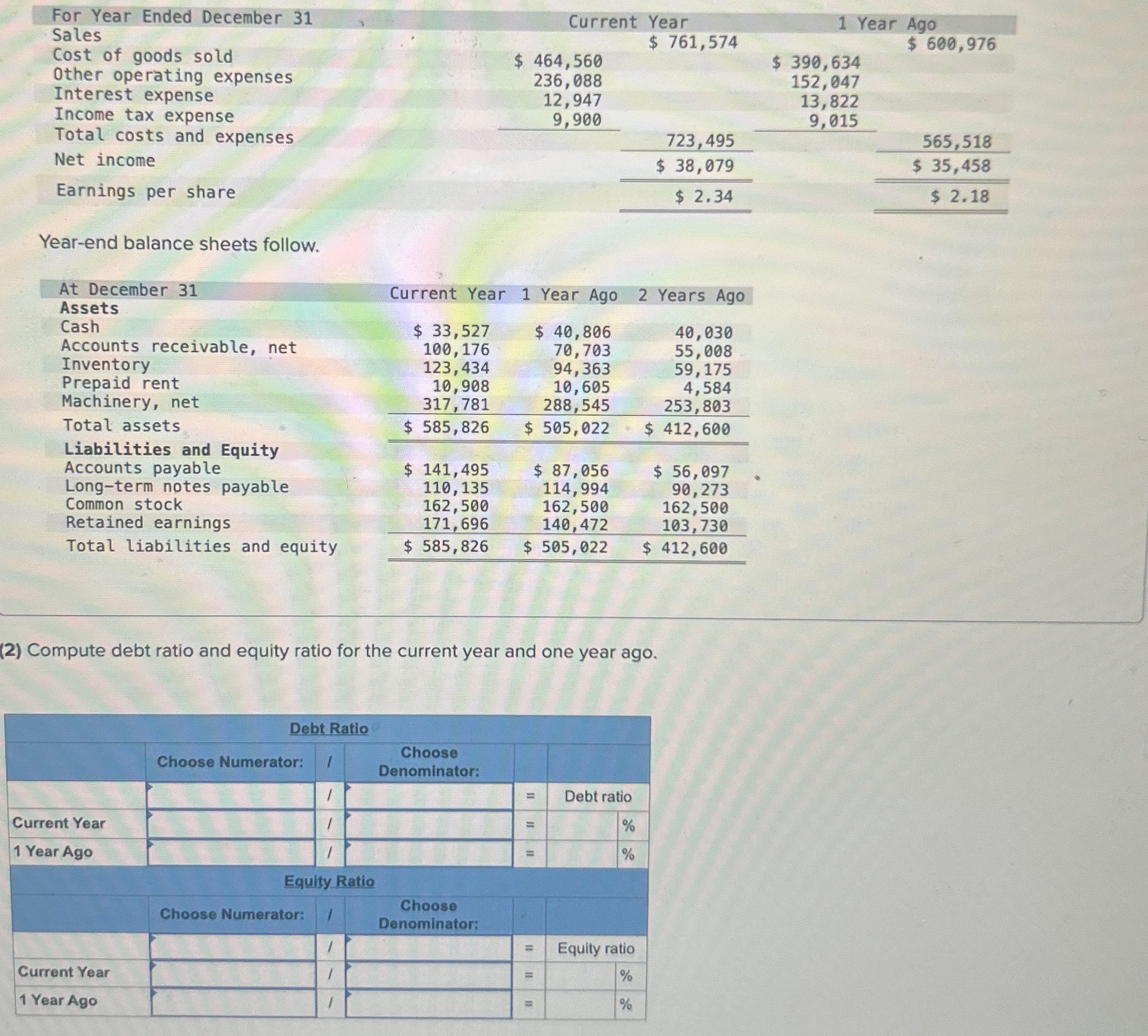  Year-end balance sheets follow. \table[[\table[[At December 31],[Assets]],Current Year,1 Year Ago,2 Years