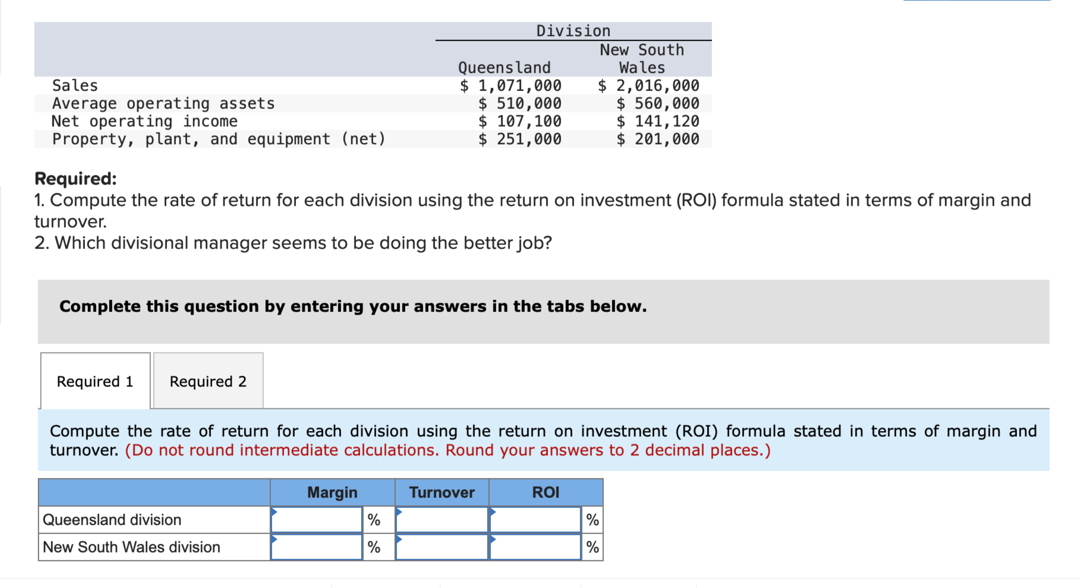  Required: Compute the rate of return for each division using the