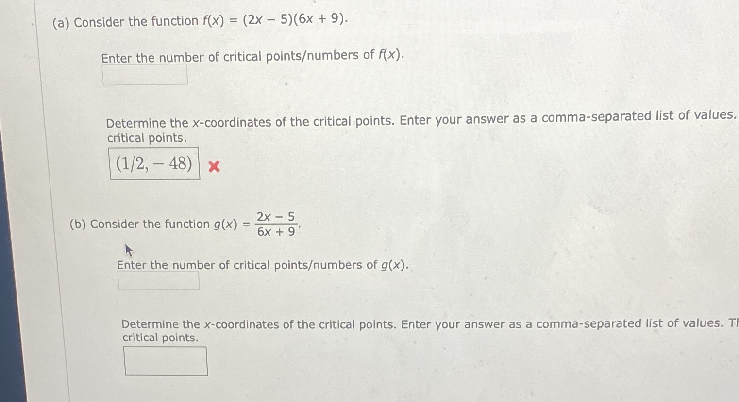 Enter the number of critical pointsumbers of f(x). Determine the x-coordinates of